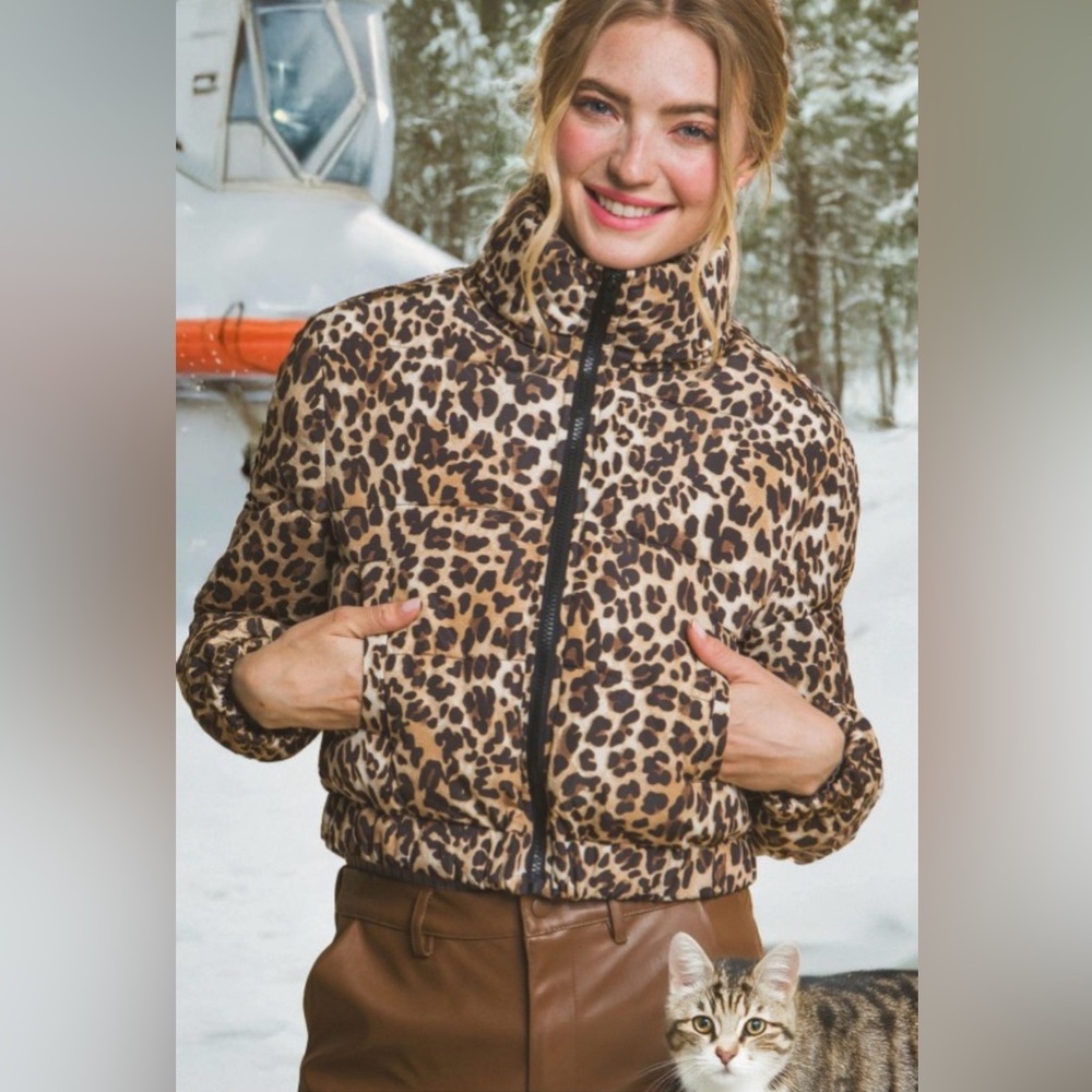 Leopard Print Puffer Jacket - Women's Tan/Brown